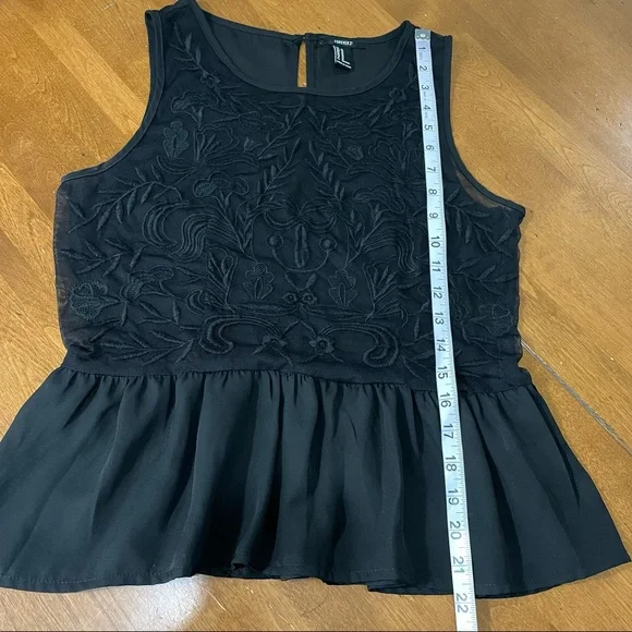 Forever 21 Black Sheer Mesh Embroidered Peplum Ruffle Sleeveless Blouse Top M - Picture 9 of 9